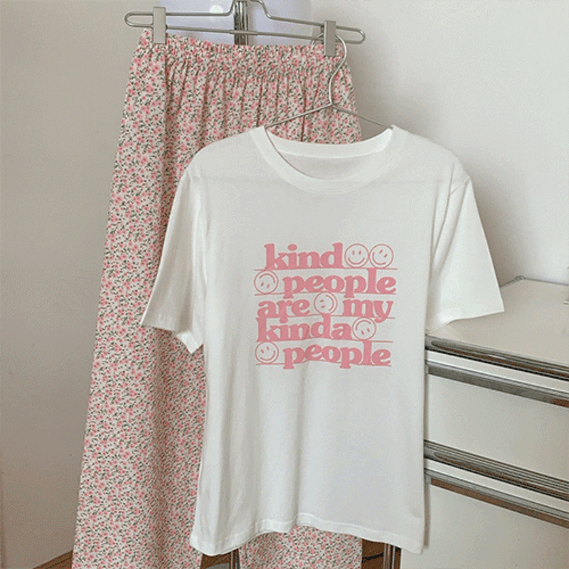 [55~77]당일발송 해피 스마일 플라워 사계절 잠옷 세트 파자마 홈웨어 티셔츠+팬츠 여성잠옷