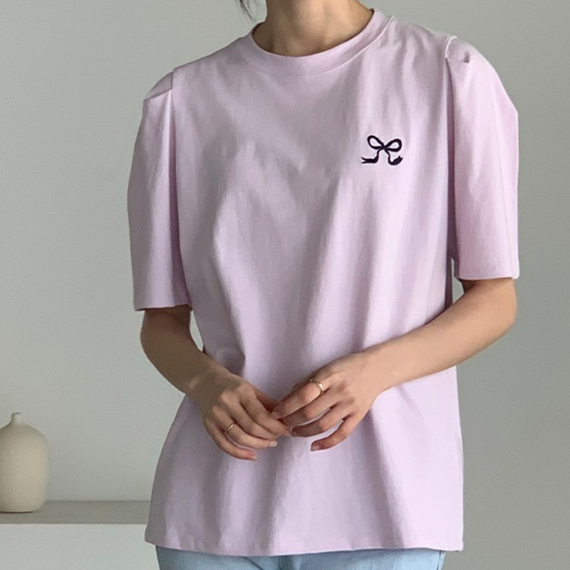 [신상/44~66반] 자수 리본포인트 데일리 루즈핏 퍼프소매  반팔 티셔츠